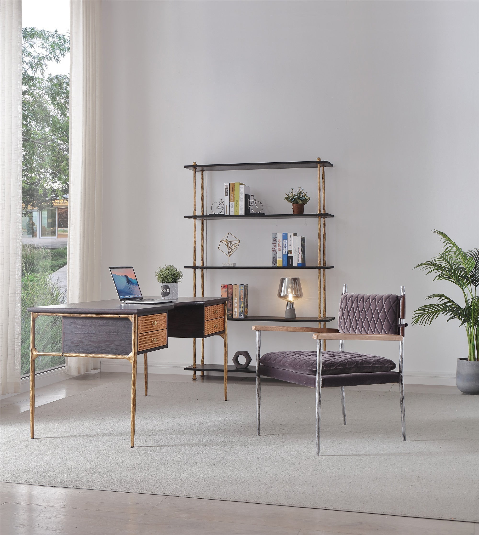 Vintage Forged Retro Brass Iron Frame Rattan Desk