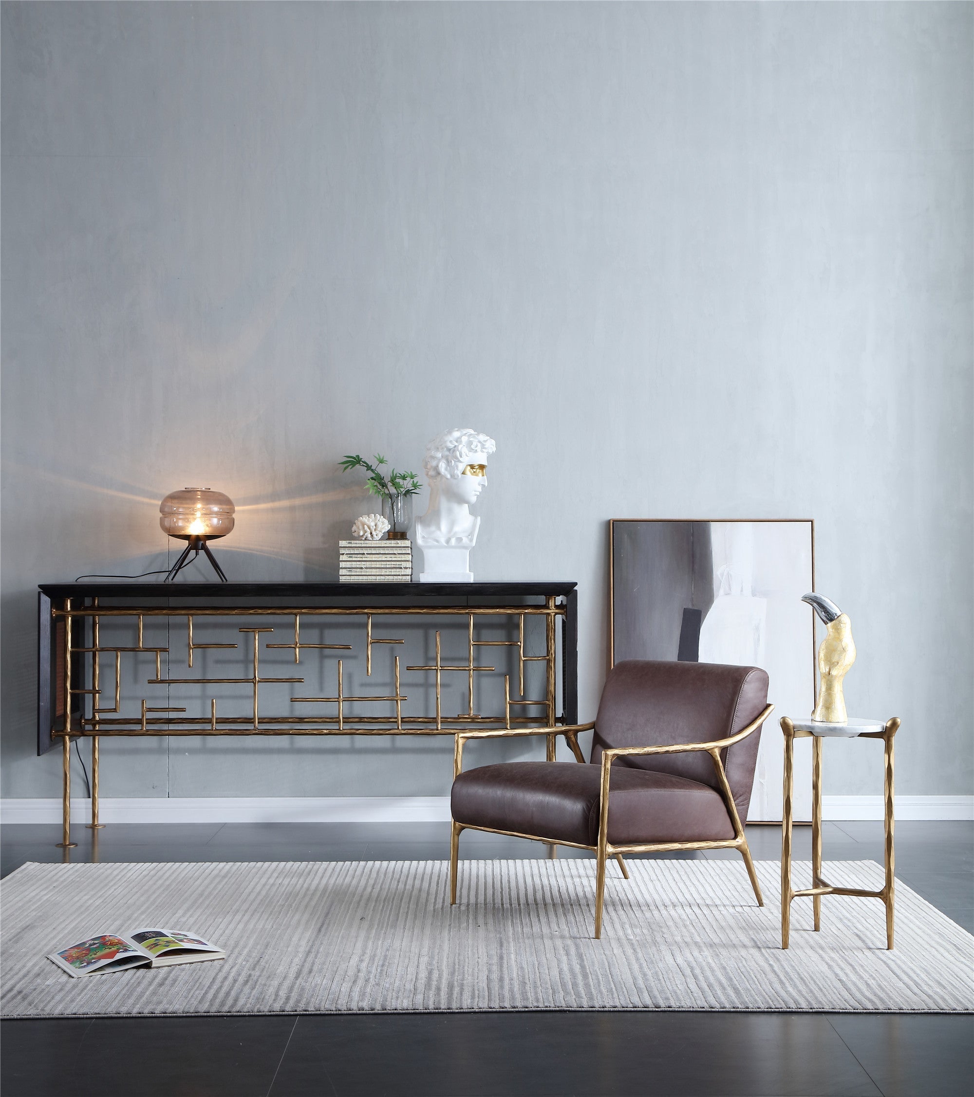 Vintage Forged Metal Frame Rattan Console Table