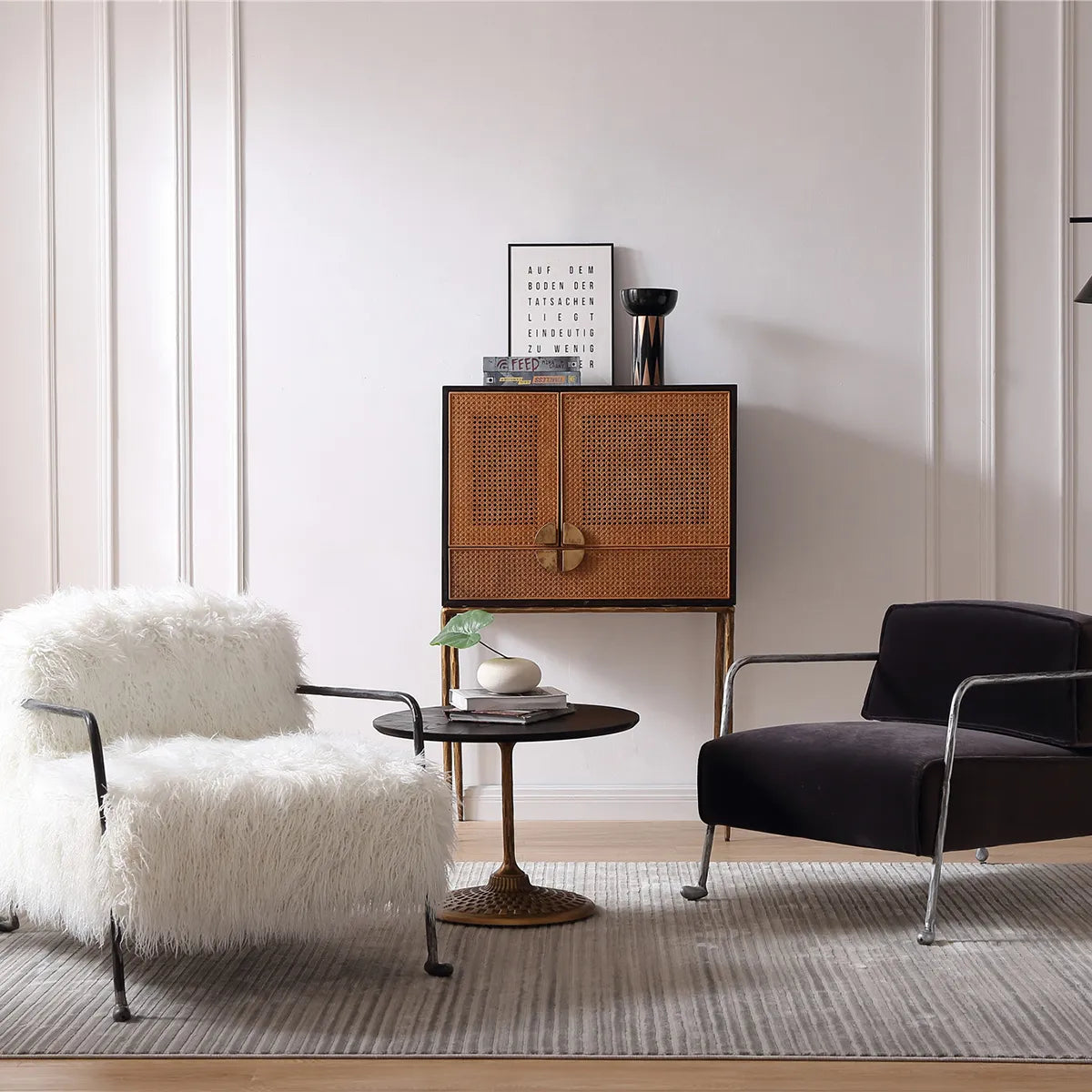 Vintage Forged Metal Frame Rattan Side Cabinet