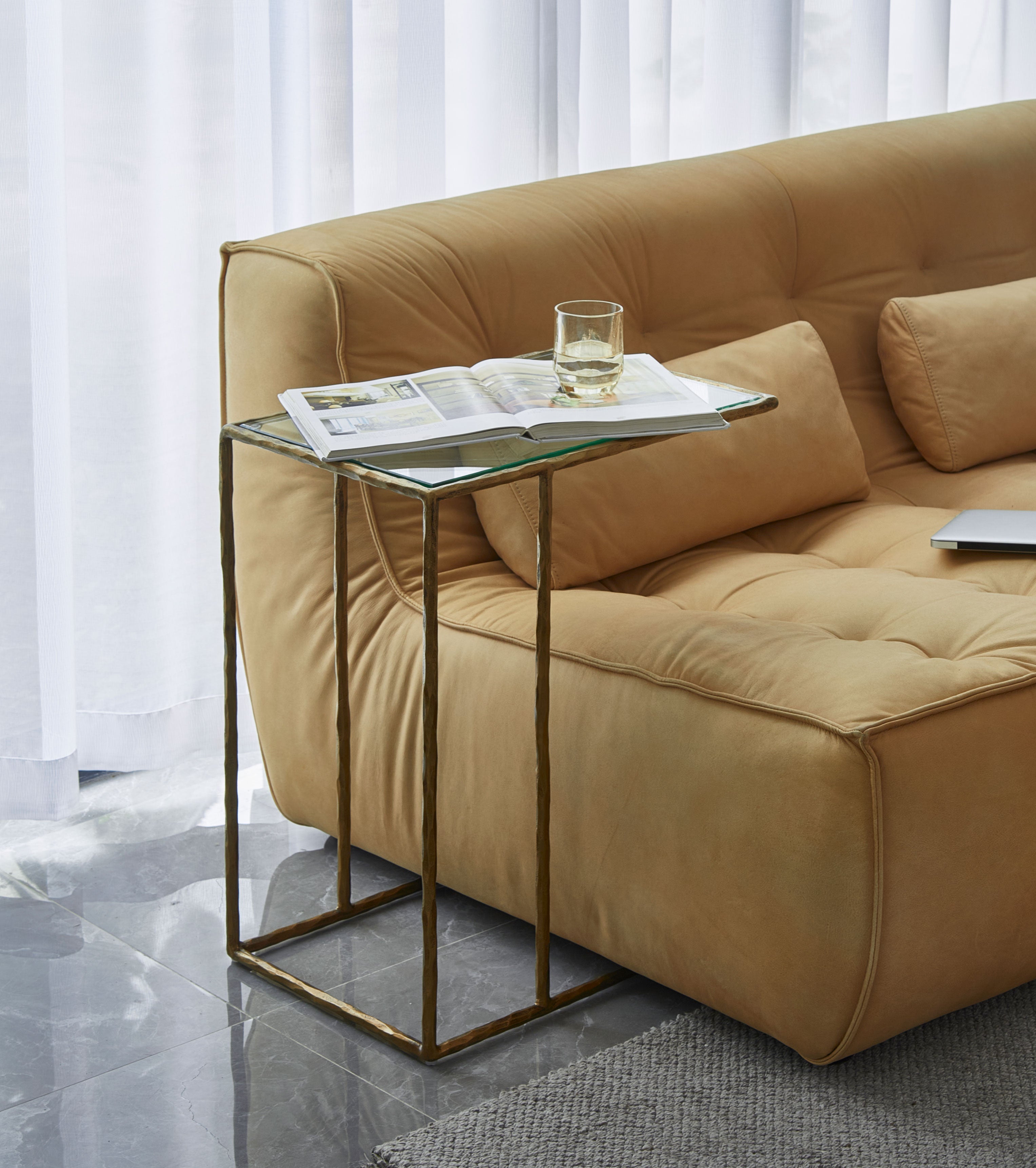 Vintage Forged Tempered Glass C-Shaped Side Table