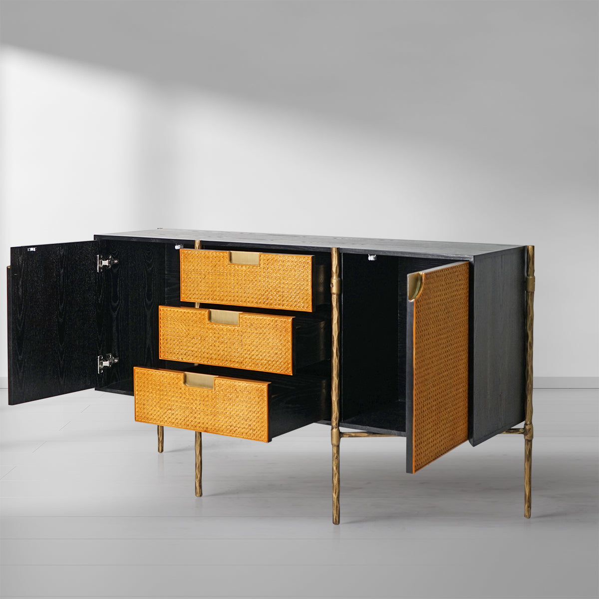 Vintage Forged Metal Frame Rattan Side Cabinet