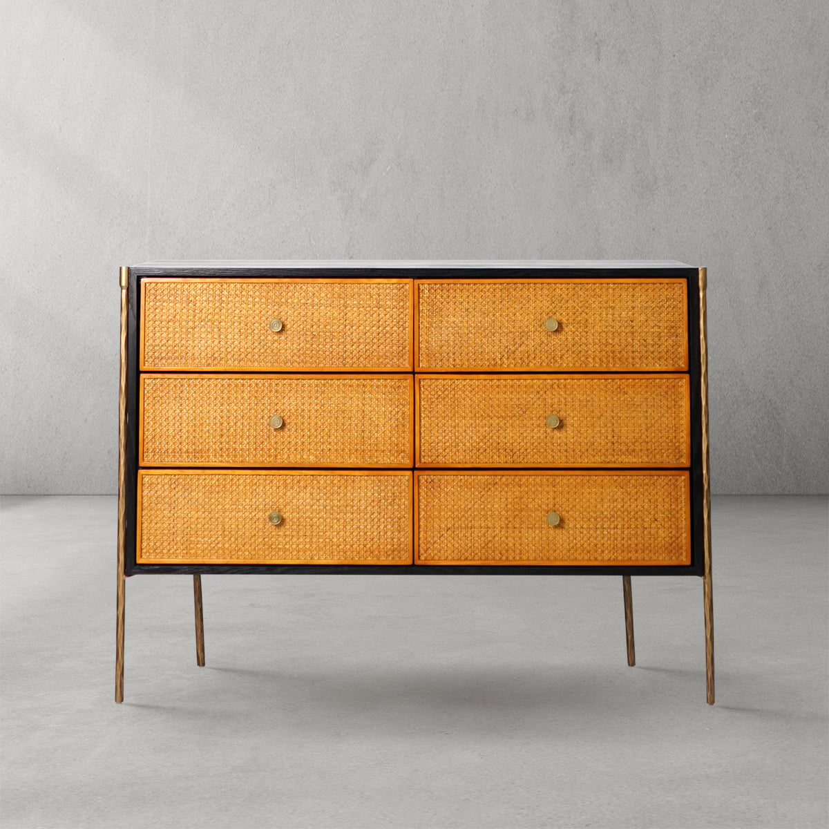 Vintage Forged Metal Frame Rattan 6-Drawer Side Cabinet