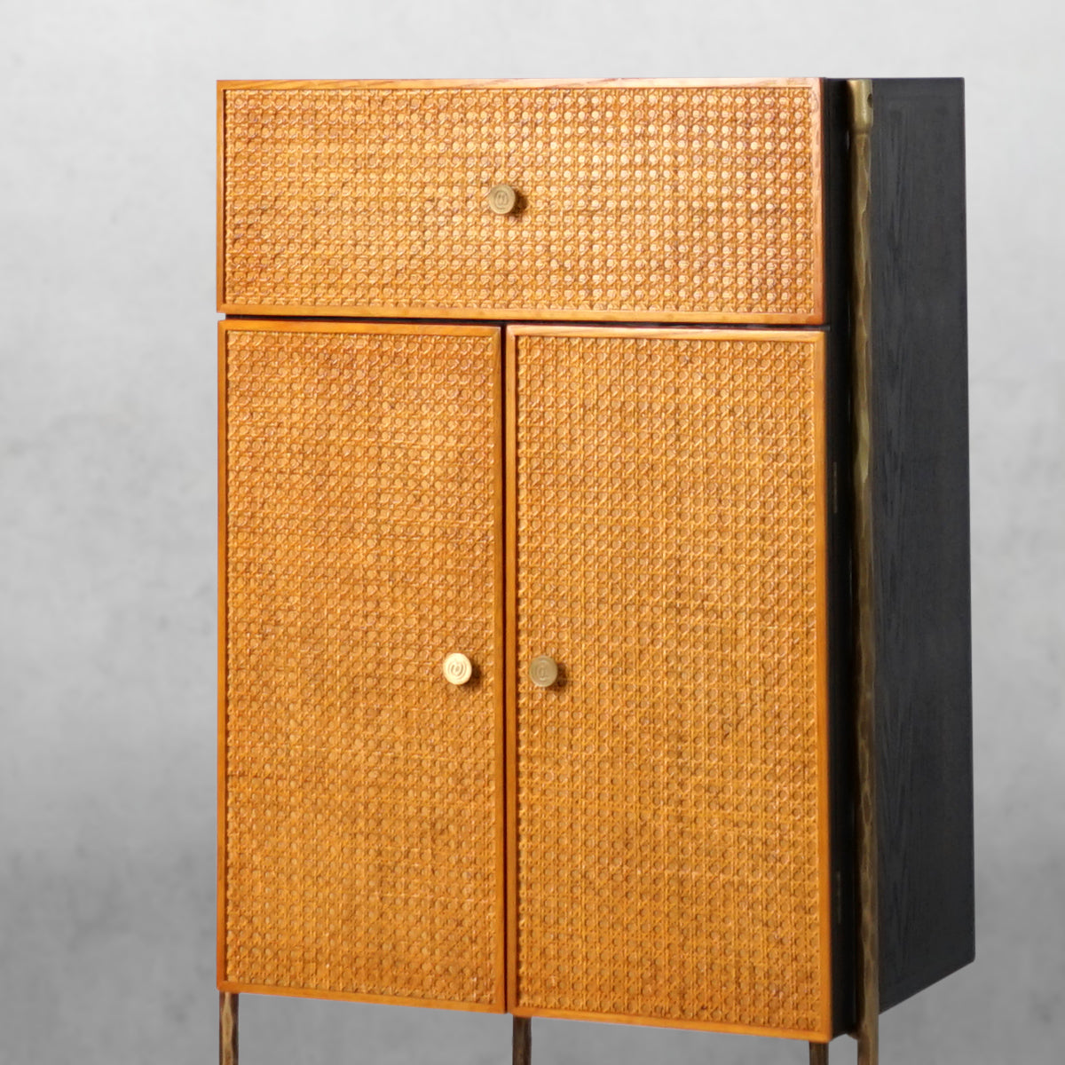 Vintage Forged Metal Frame Rattan Side Cabinet