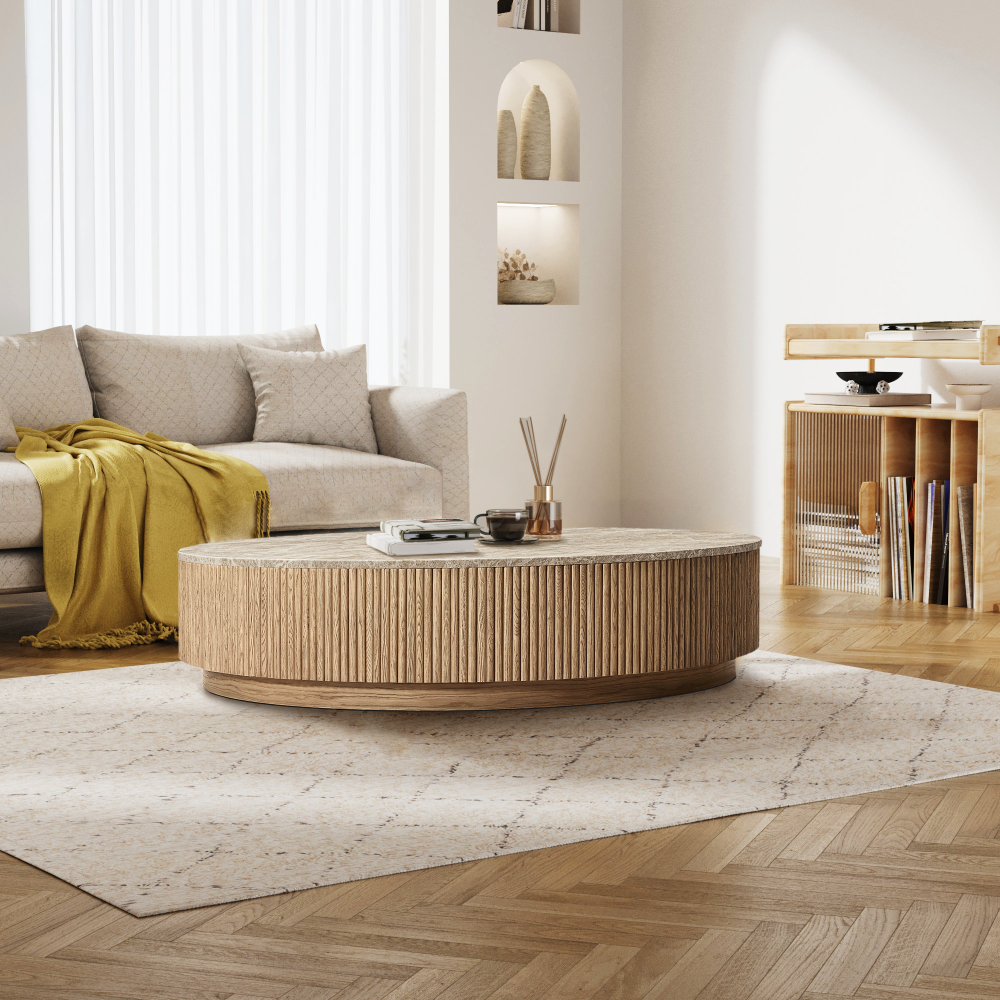 Aurelian Oak Wood & Stone Round Coffee Table