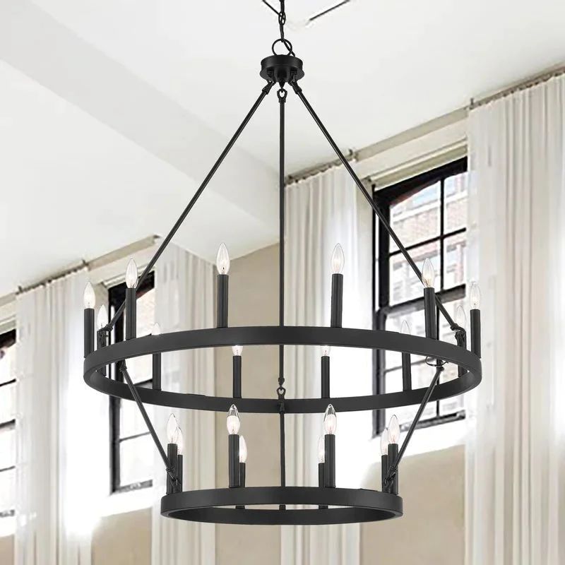 Camina Vintage Black Candelabra 2-Tier Round Wagon Wheel Chandelier