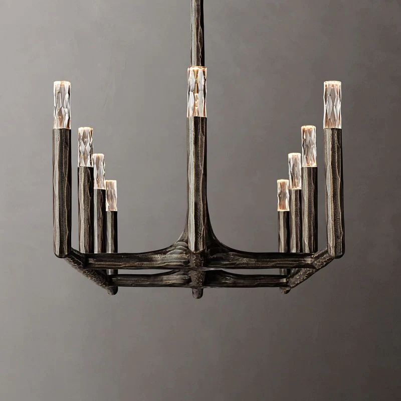 Close-up of matte black wrought iron frame on Radius rectangular chandelier