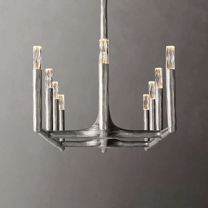Close-up of matte Forged Pewter wrought iron frame on Radius rectangular chandelier