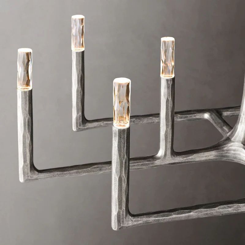 Close-up of matte Forged Pewter wrought iron frame on Radius rectangular chandelier